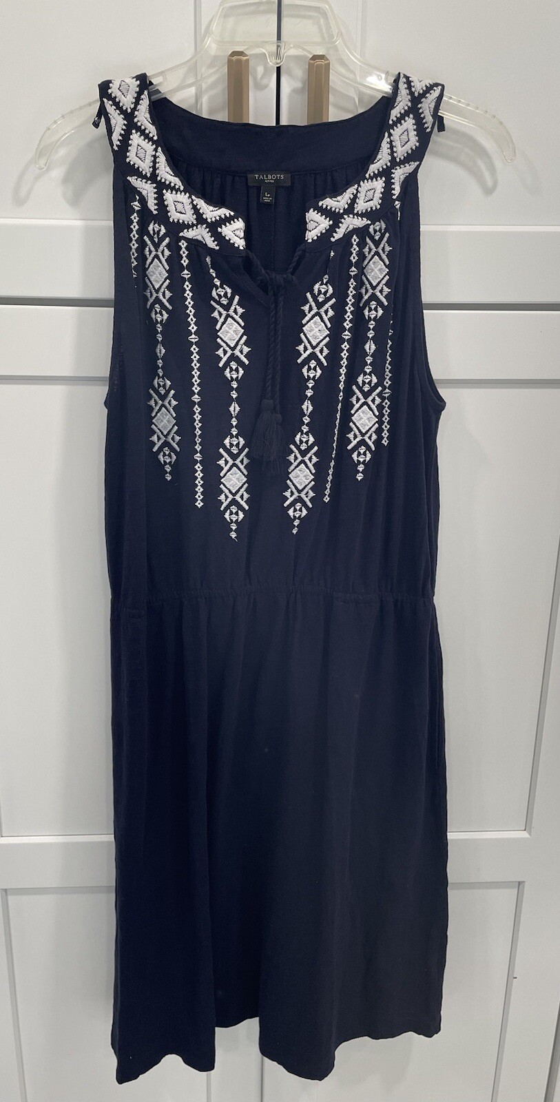 Talbots Sz LP Navy White Embroidered Peasant Dress AK105