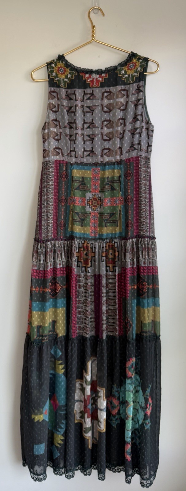 Desigual Patchwork Maxi Dress Sleeveless V-Neck Made In Spain Size 40 US 8