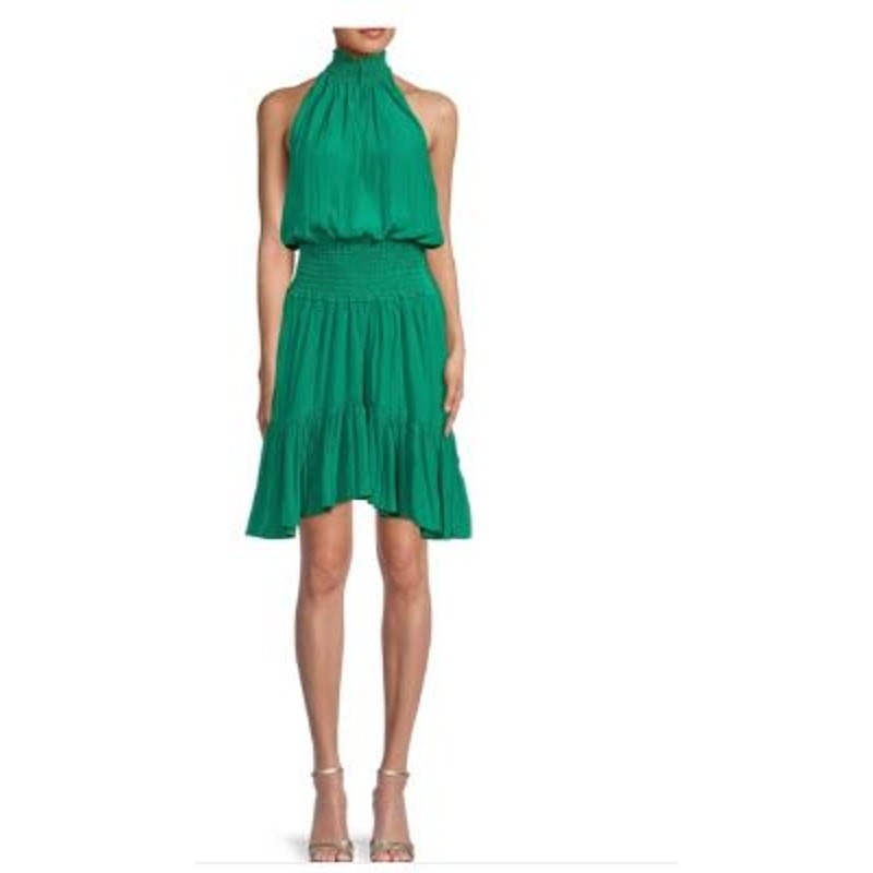 A.L.C. Size 8 Cody Smocked Shift Dress Green Halter Tiered Sleeveless Maximalist