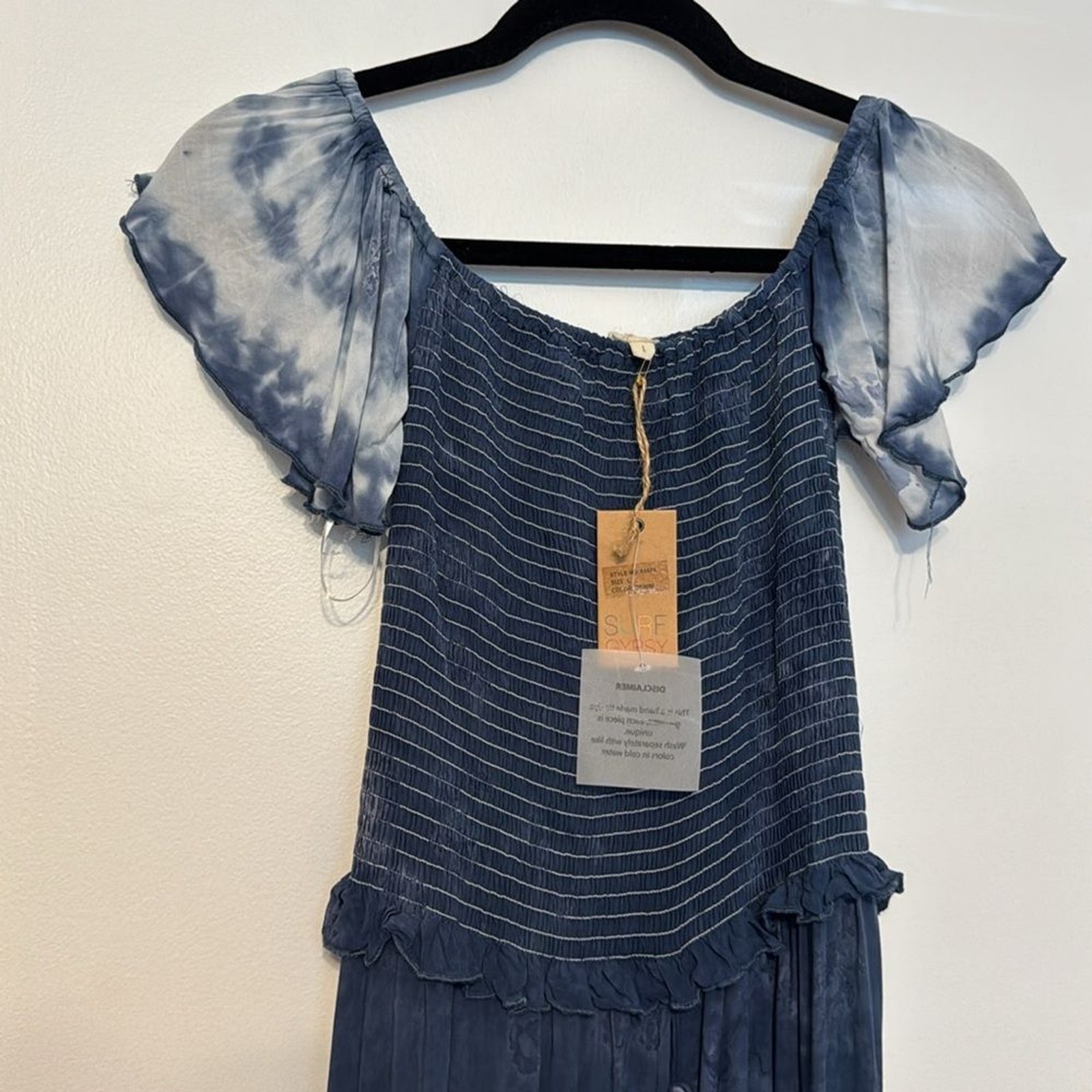 Surf Gypsy Blue Tie Dye Smock Top High-Low Maxi Dress with Flutter Sleeve