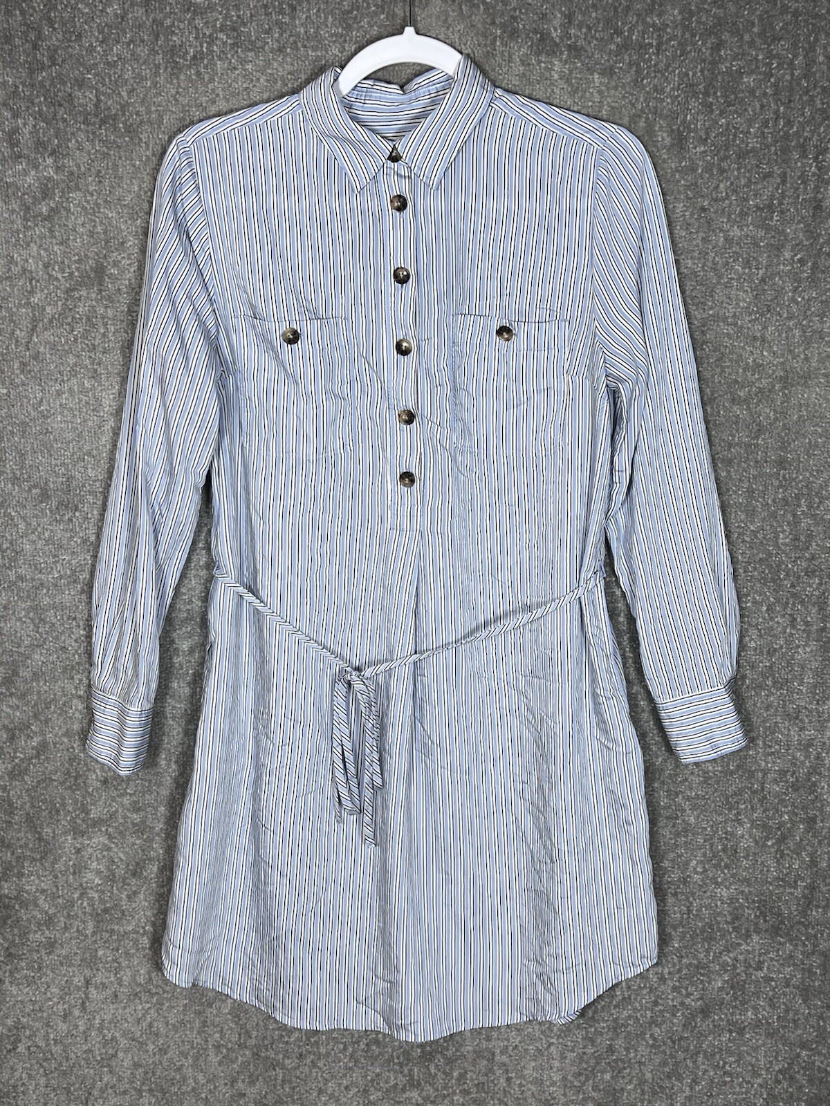 LOFT Popover Shirt Dress Womens Size S Blue Striped Long Sleeve Chest Pockets
