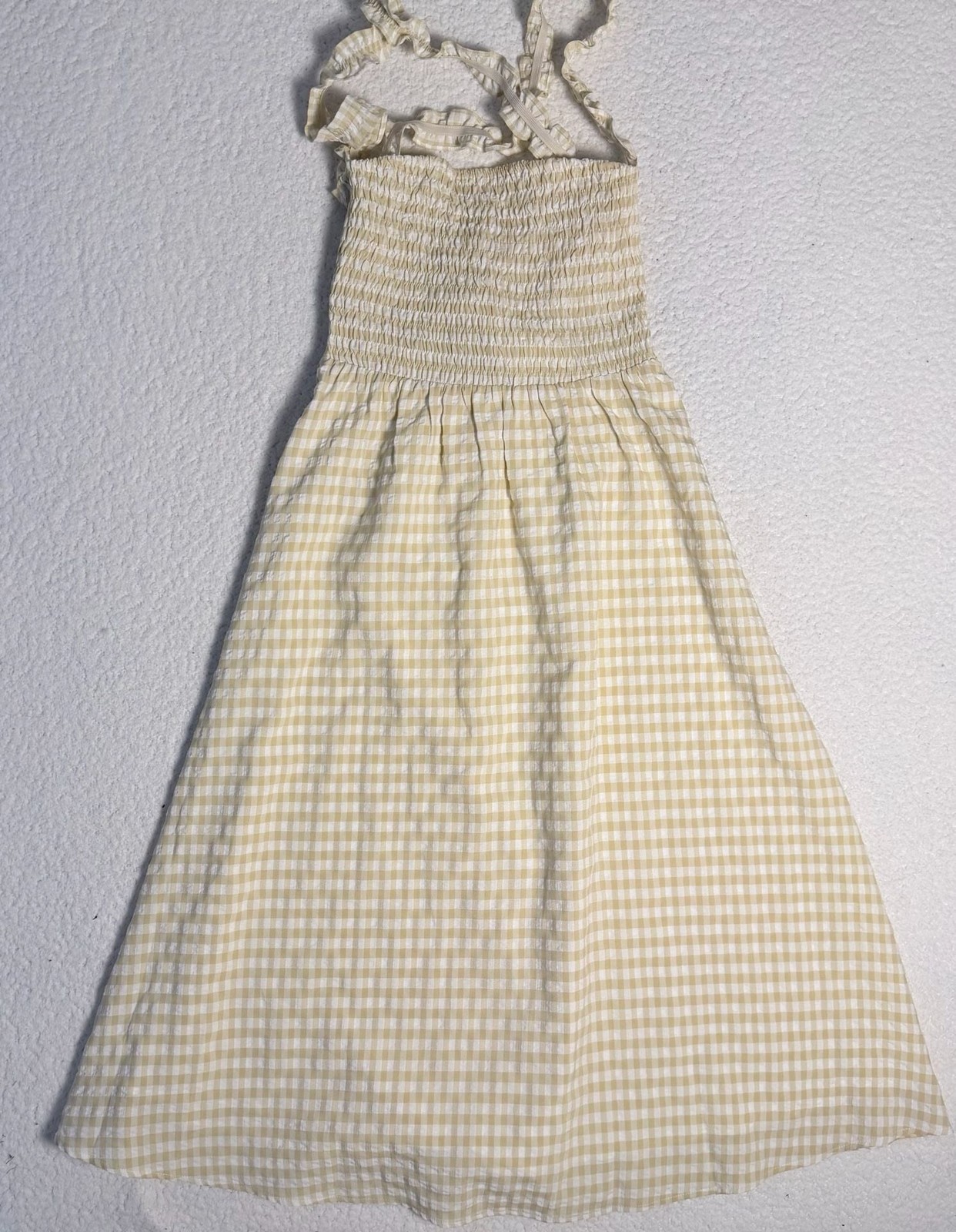 Le Lis Collection Yellow White Gingham Seersucker Smocked Midi Dress Tie Back