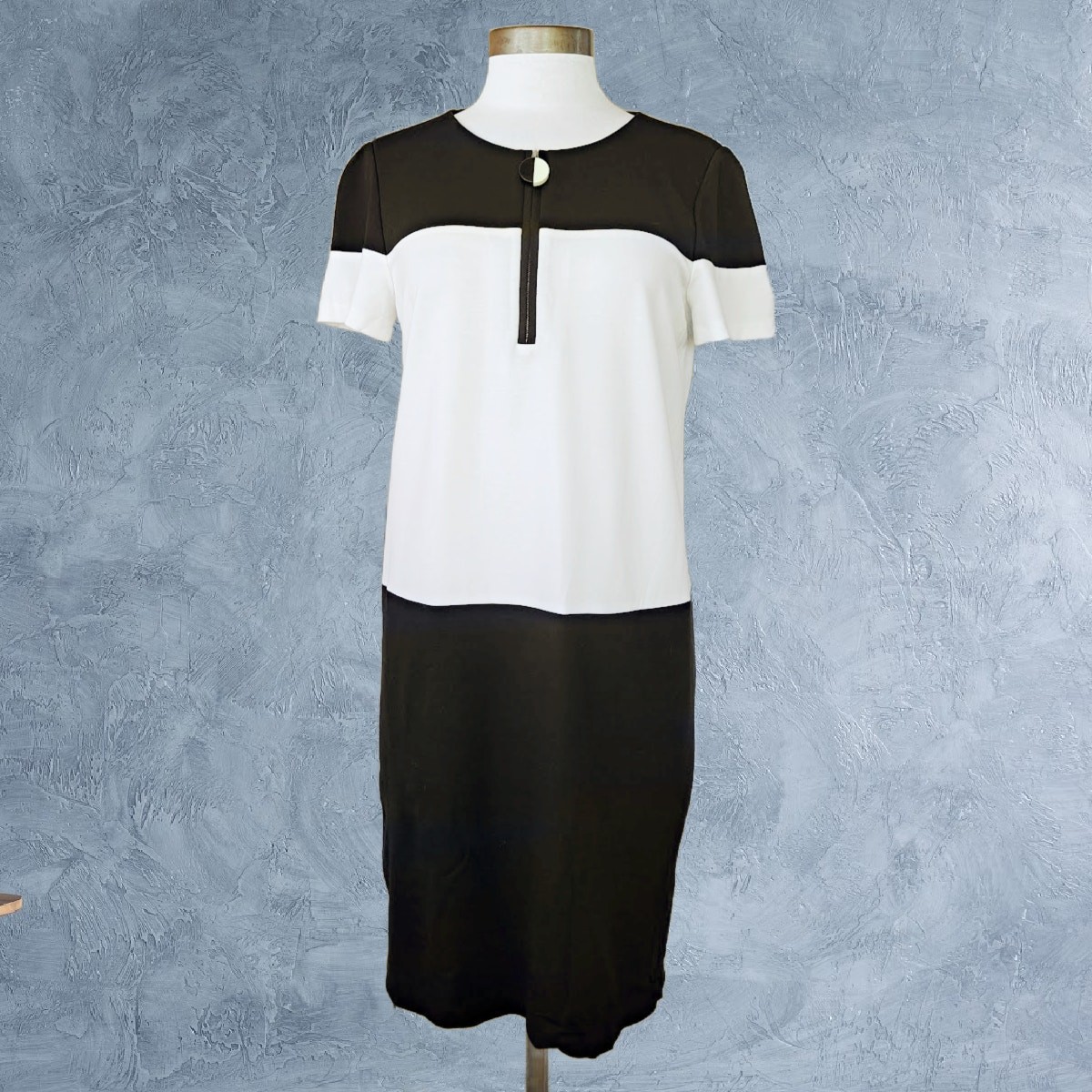 LAFAYETTE 148 Black White Colorblock Jersey Short Sleeve Shift Dress Size Medium
