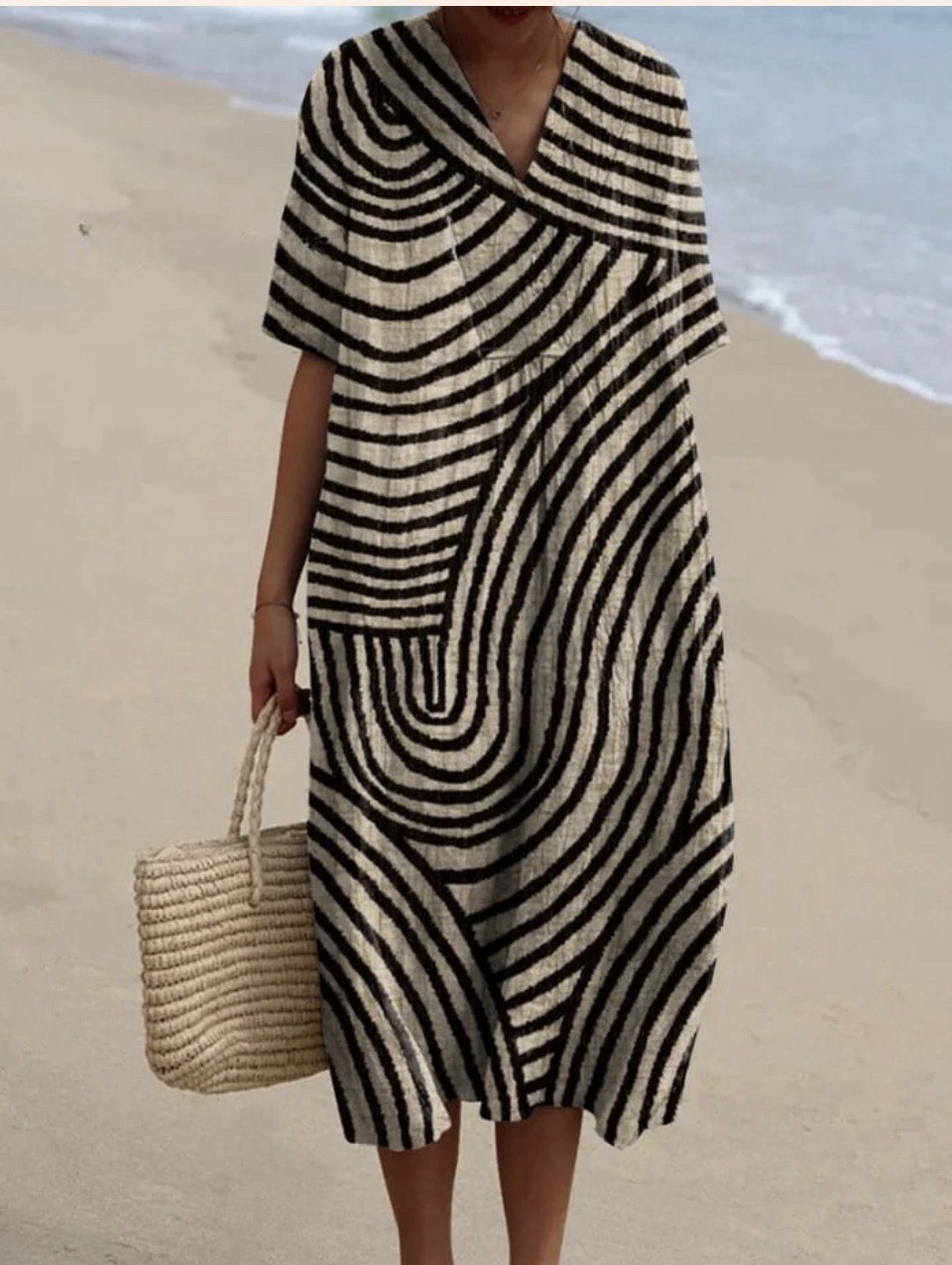 Relaxed V-Neck Midi Dress in Black and Cream Stripe Never Worn