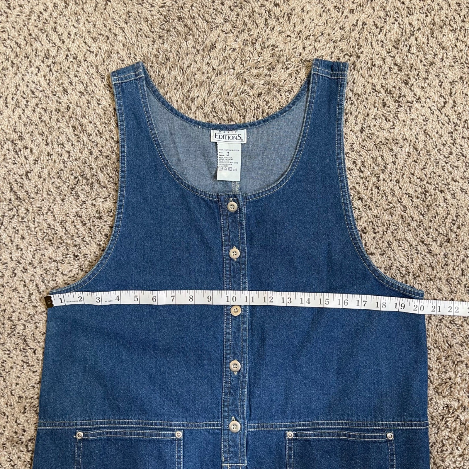 Vintage Basic Edition Denim Pinafore Dress Blue Button Front Patch Pockets M 90s