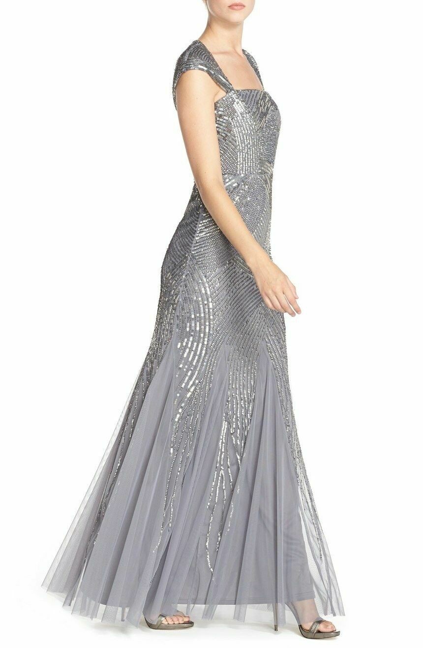 NEW Adrianna Papell [ 2 ] Embellished Mesh Envelope Gown in Silver/Grey #M27