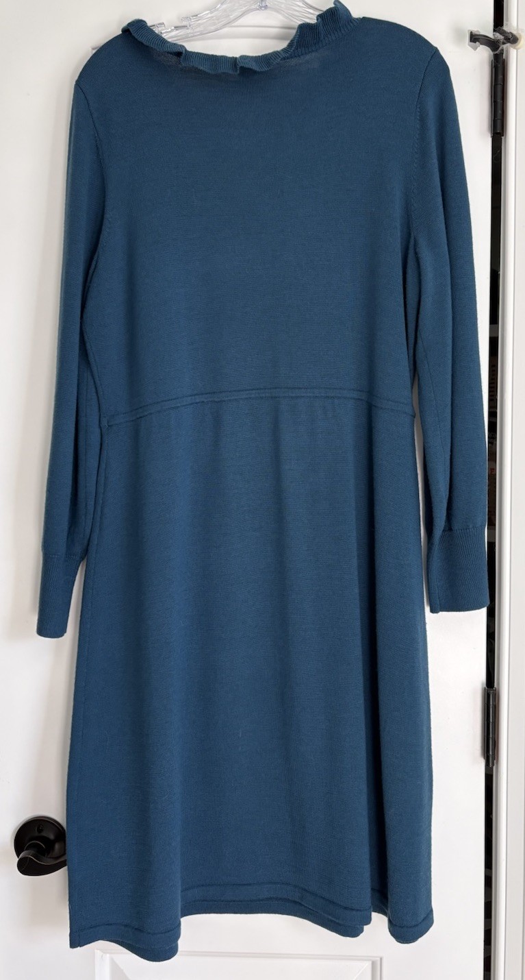 Talbots Pure Merino Wool Ruffle Neck Sweater Dress Teal Blue Large