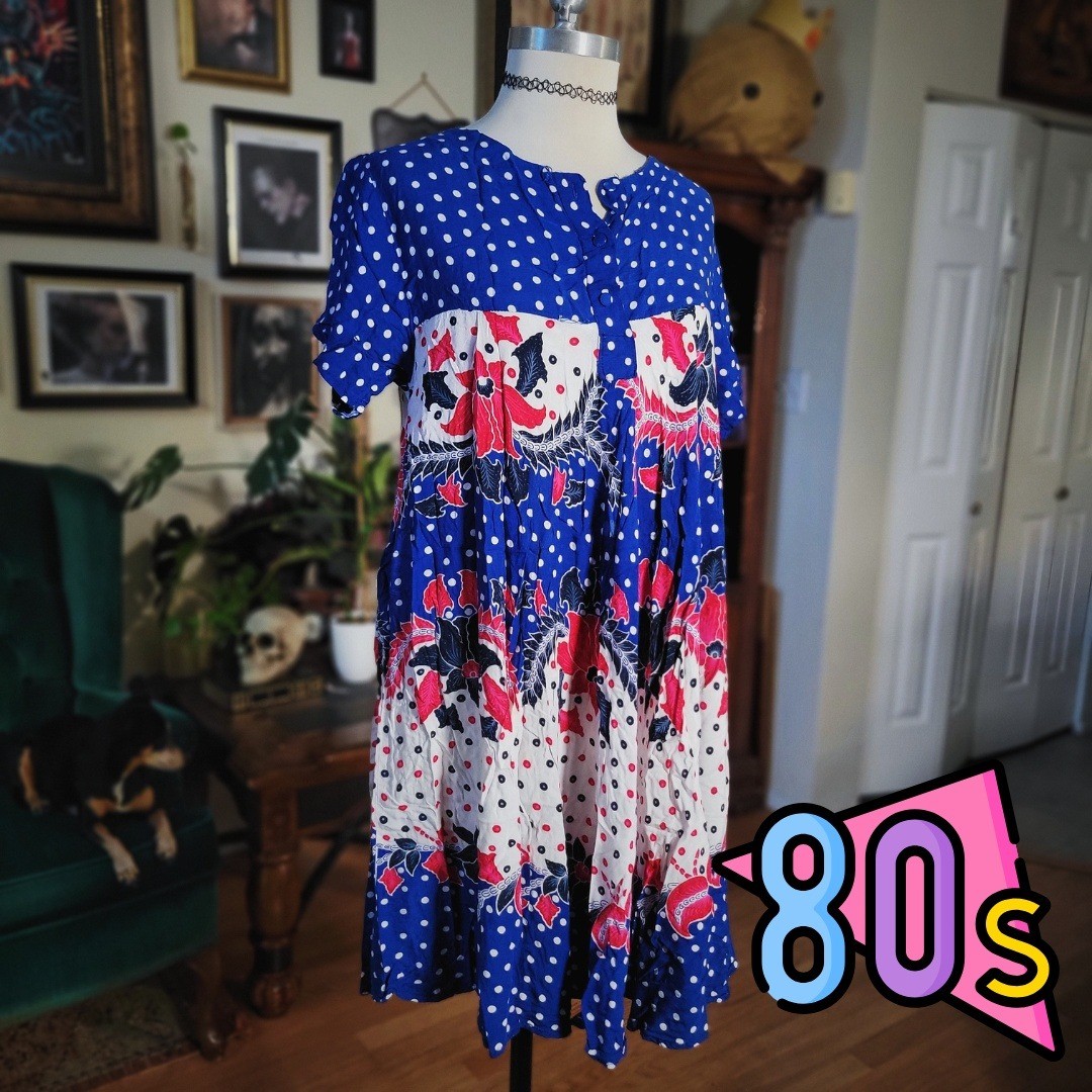 Vintage 80s Aladdin Batik Blue Floral Blue Polka Dot Midi Dress Women
