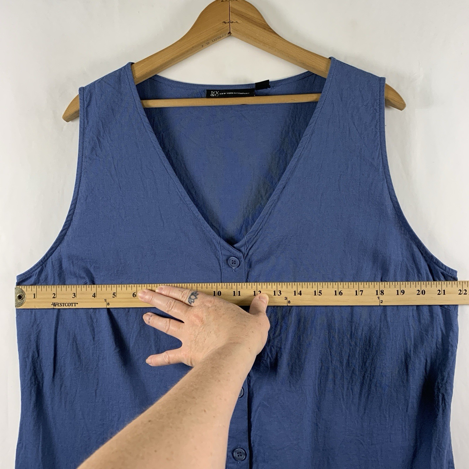 Womens Linen Blend Button Front Shift Dress XL Blue Coastal Minimalist Pockets