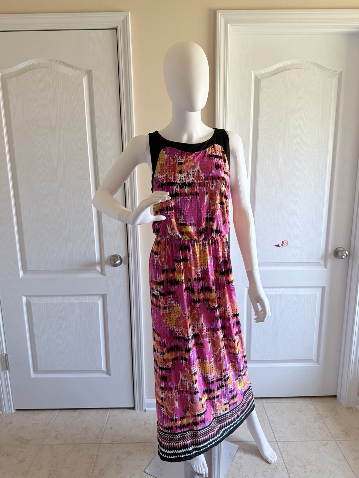 NWT $68 Pink Multi-Color Printed Maxi Summer Dress with Black Trim Size PS