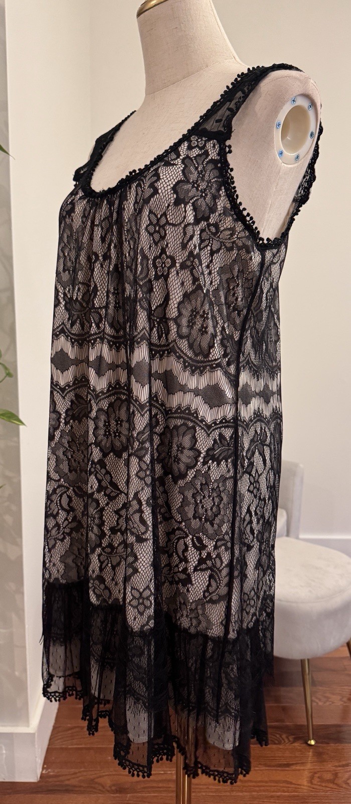 Sz M Black & Nude Lace Chiffon Gauze Gothic Mini Dress Tafetta Babydoll Sundress