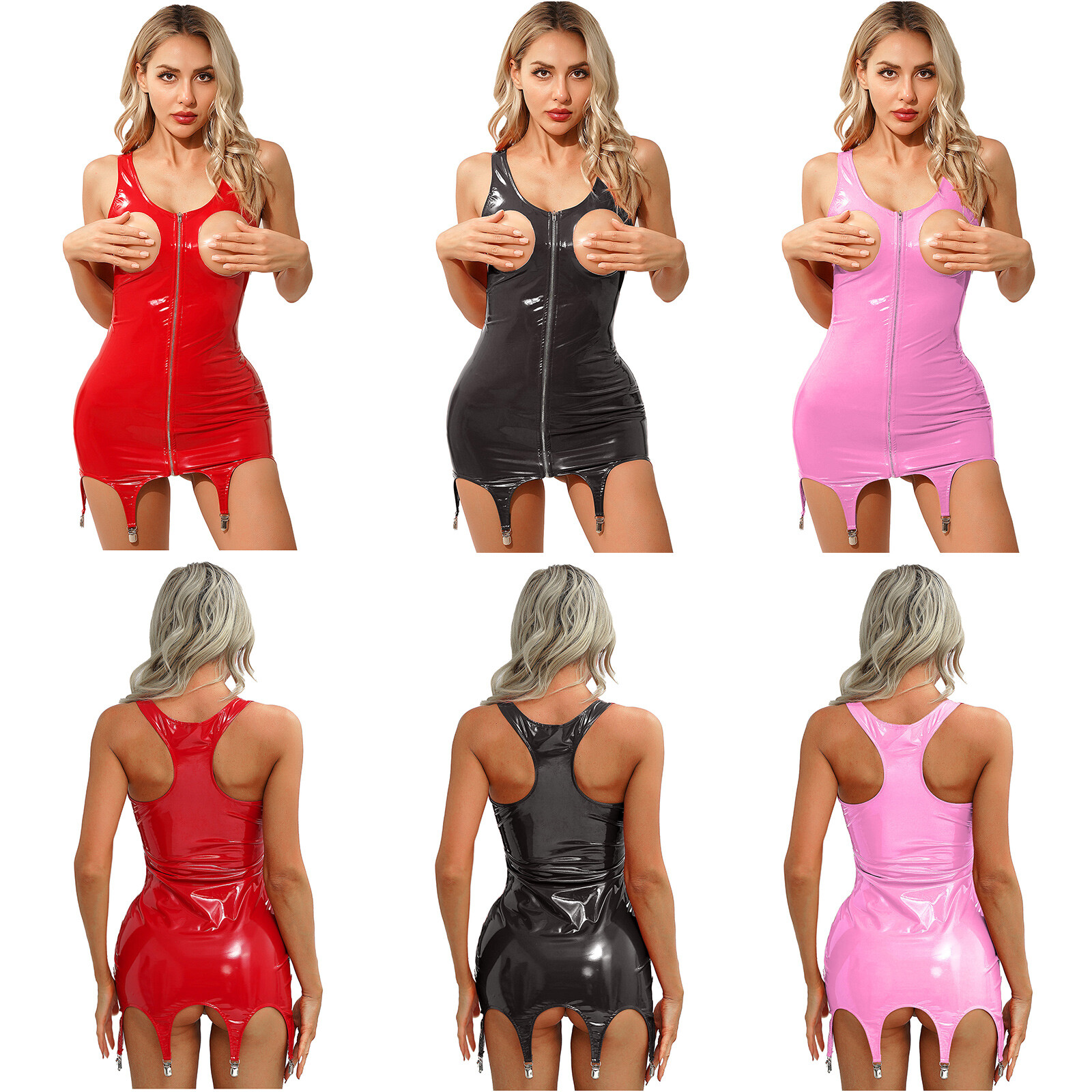 Womens Latex Leather Mini Dress Bodycon Cupless Lingerie Garter Party Clubwear