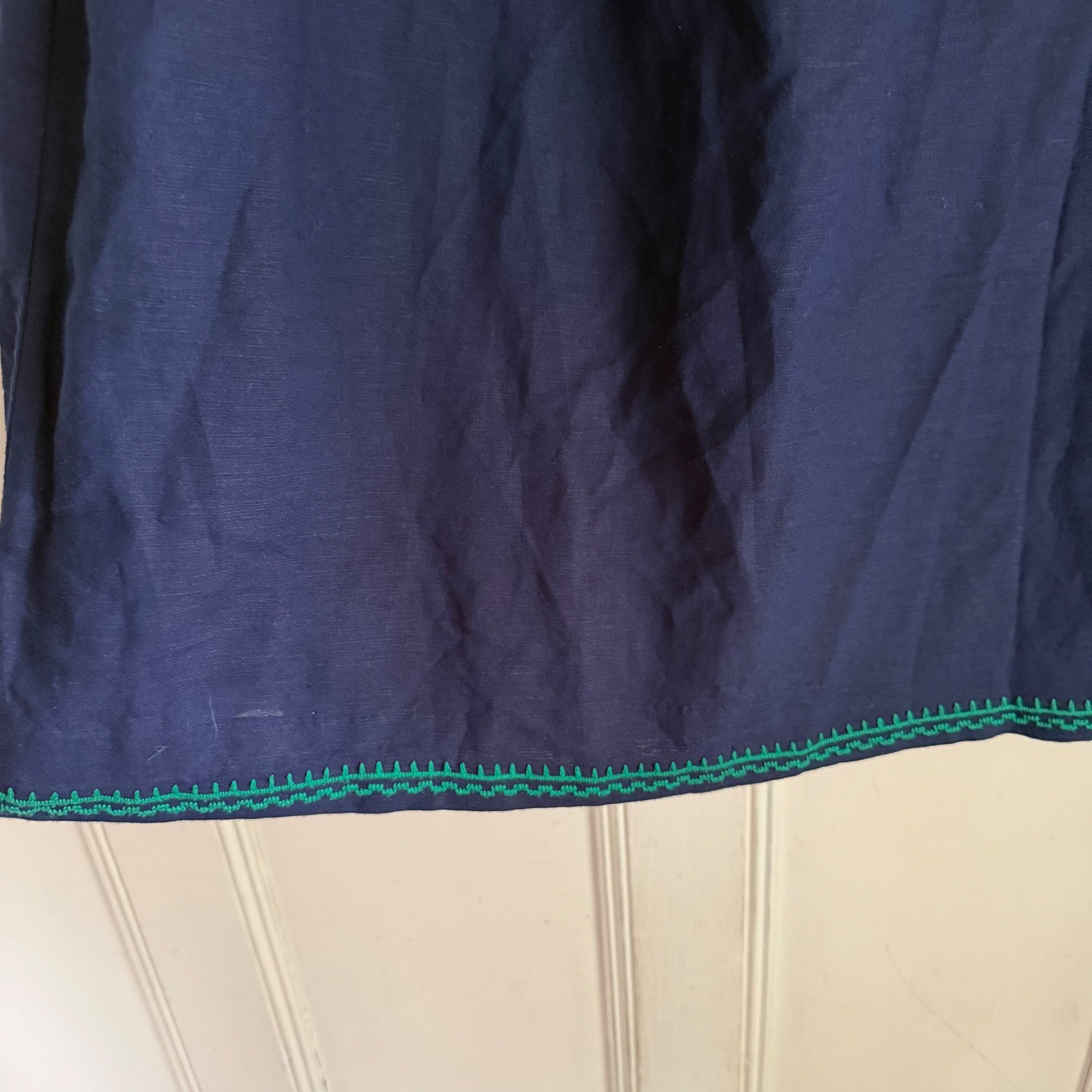 J.Crew Navy Blue Linen Cotton Embroidered Floral Shift Dress Boho Preppy XXS