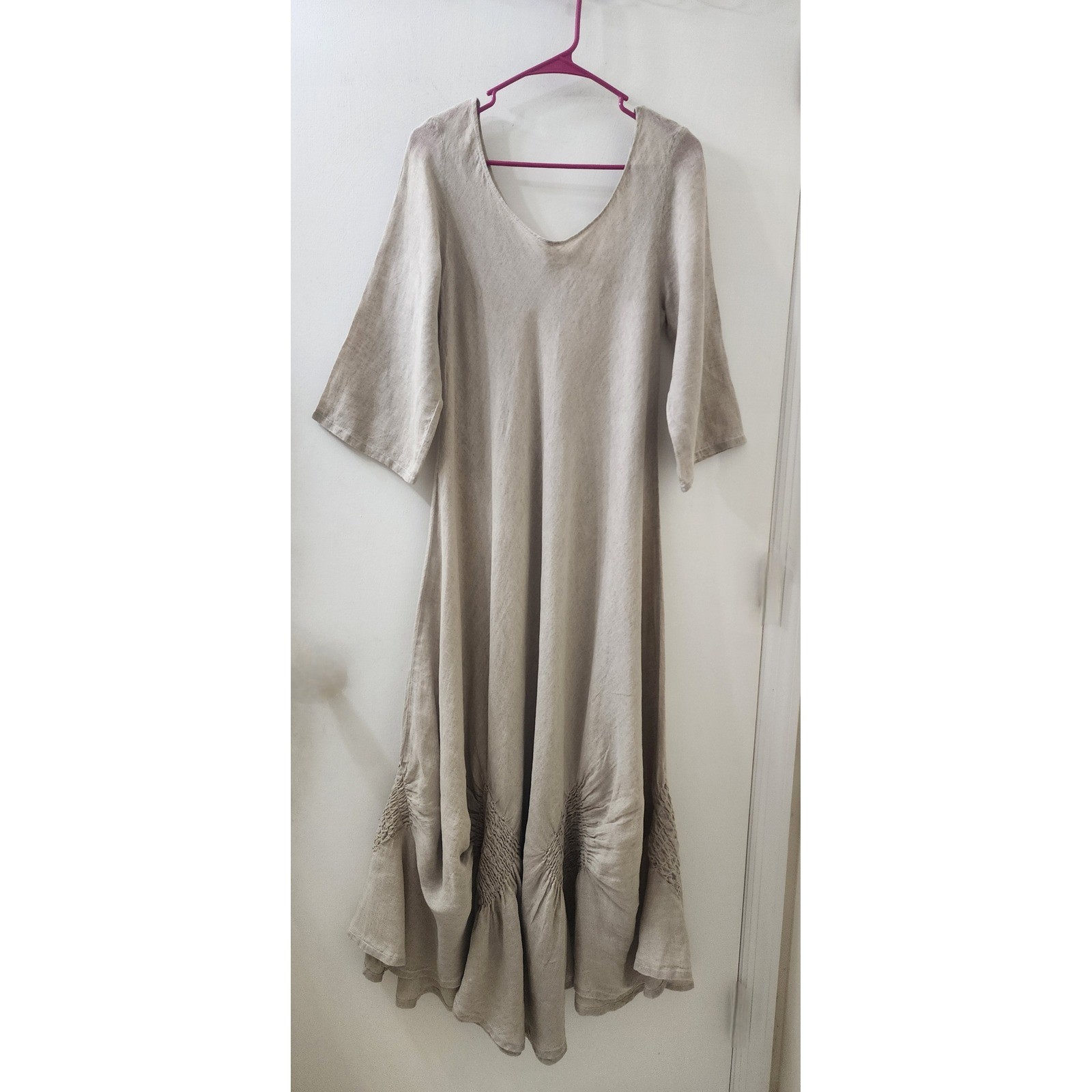 La Bottega di Brunella Linen Maxi Dress Beige Smocked Hem Made in Italy Womens