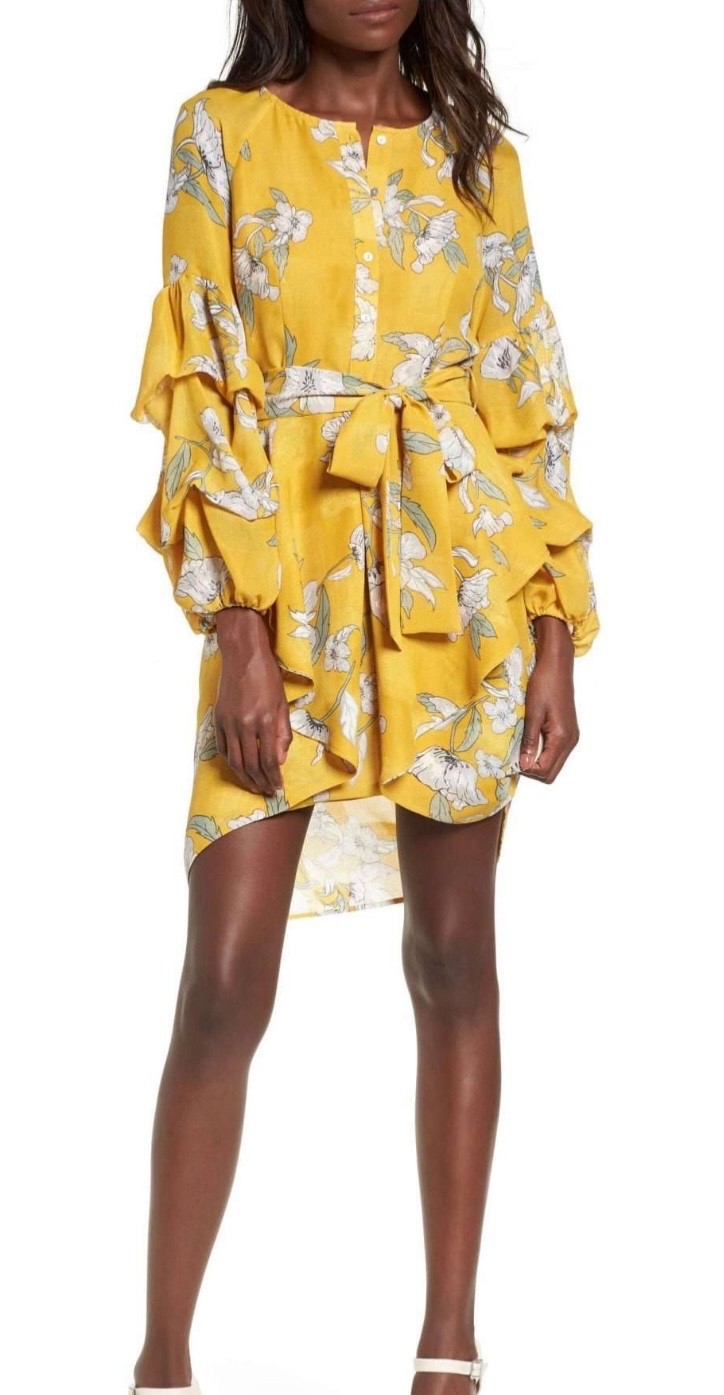 Chriselle J.O.A. Yellow Floral Tiered Ruffle Dress