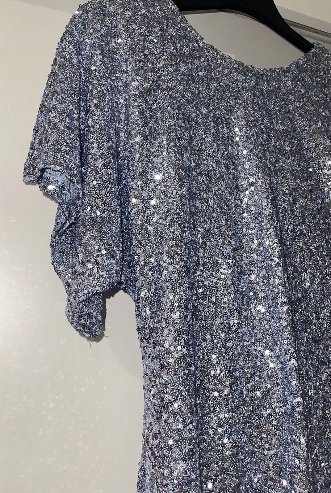 ZARA BLUE GREY SEQUINNED MINI DRESS WITH FLOWING AT BACK NECKLINE SIZE M BNWT