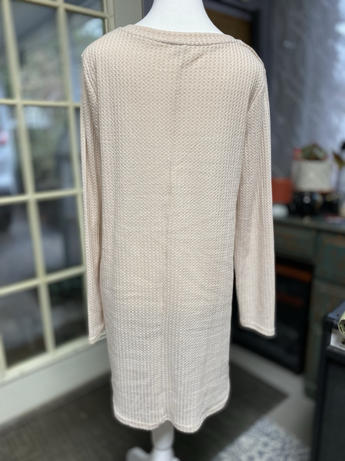 Umgee Waffle Knit Floral Embroidered Long Sleeve Dress Cream Small (p)