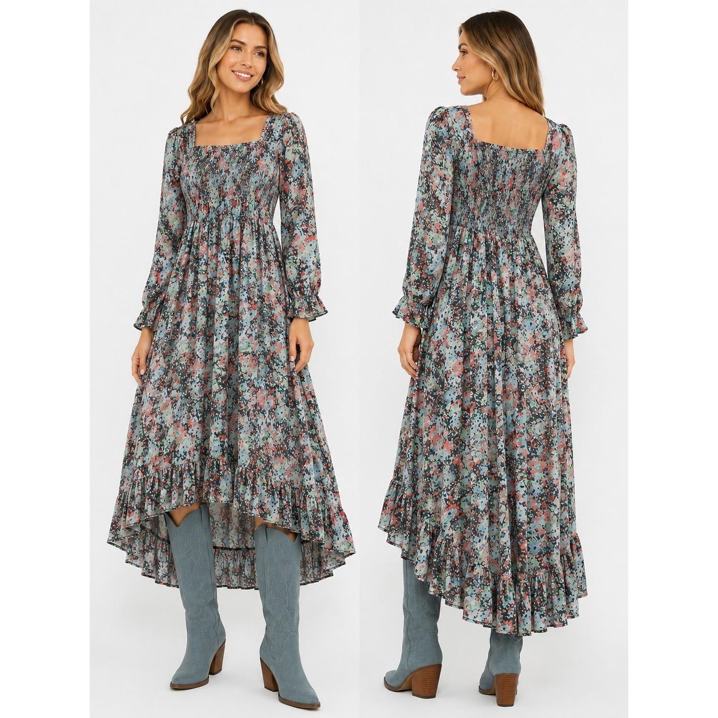 Cinq a Sept Floral Smocked High Low Maxi Dress Multi Color Long Sleeve Boho