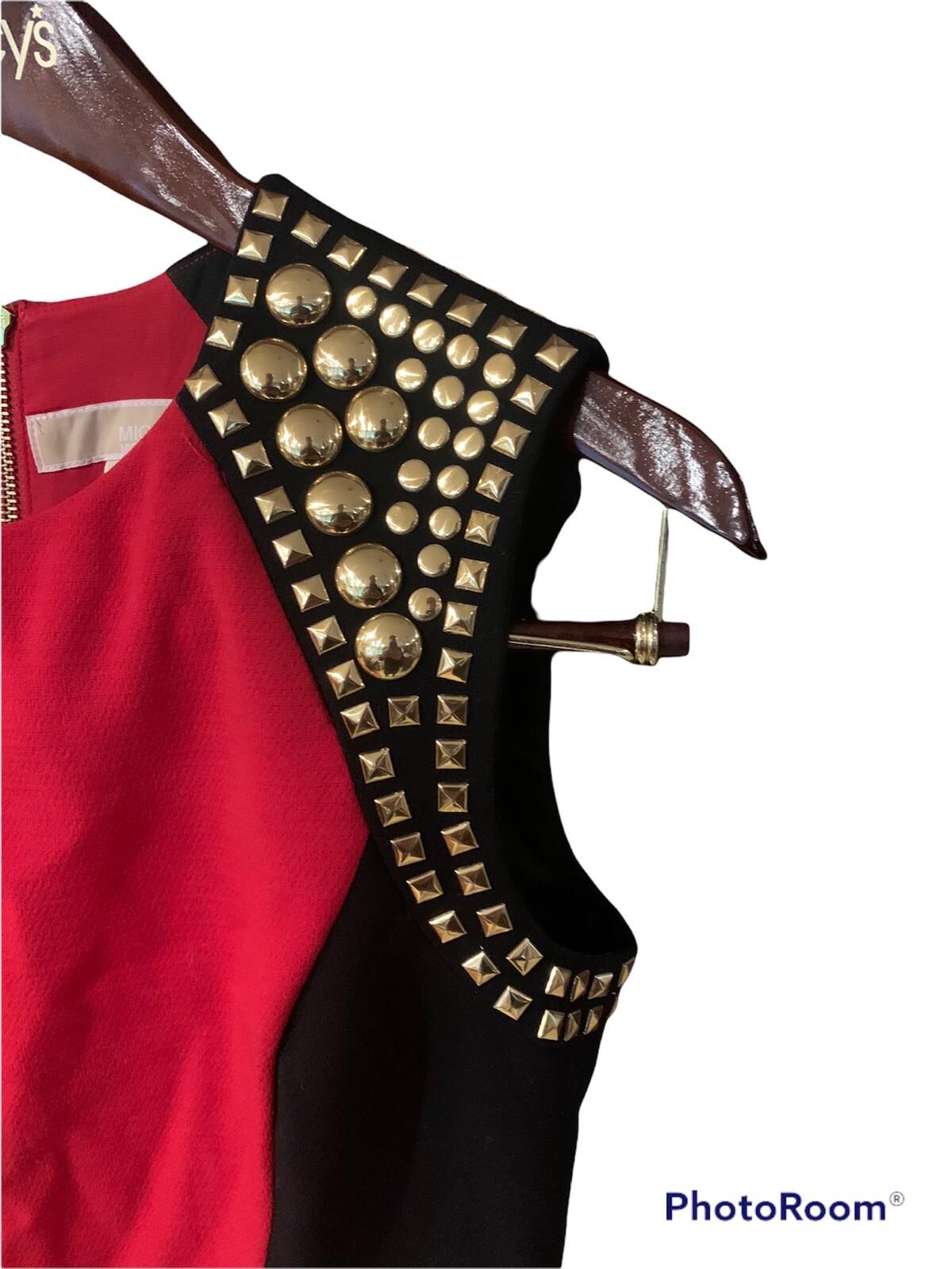 Women Designer MICHAEL KORS Red Black Gold Embellished Shoulder Cocktail Dress 4