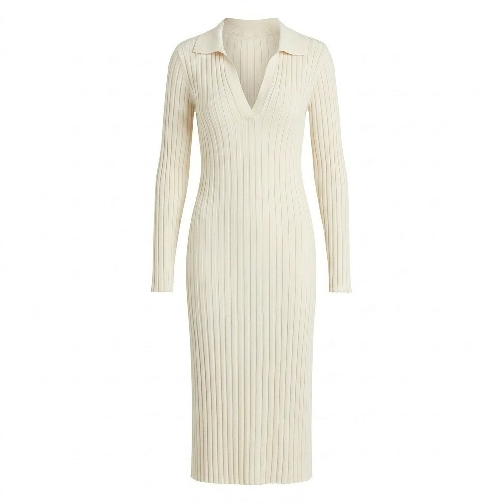 DISSH LARGE Reign Cream Ribbed Knit Polo Maxi Dress Long Sleeve