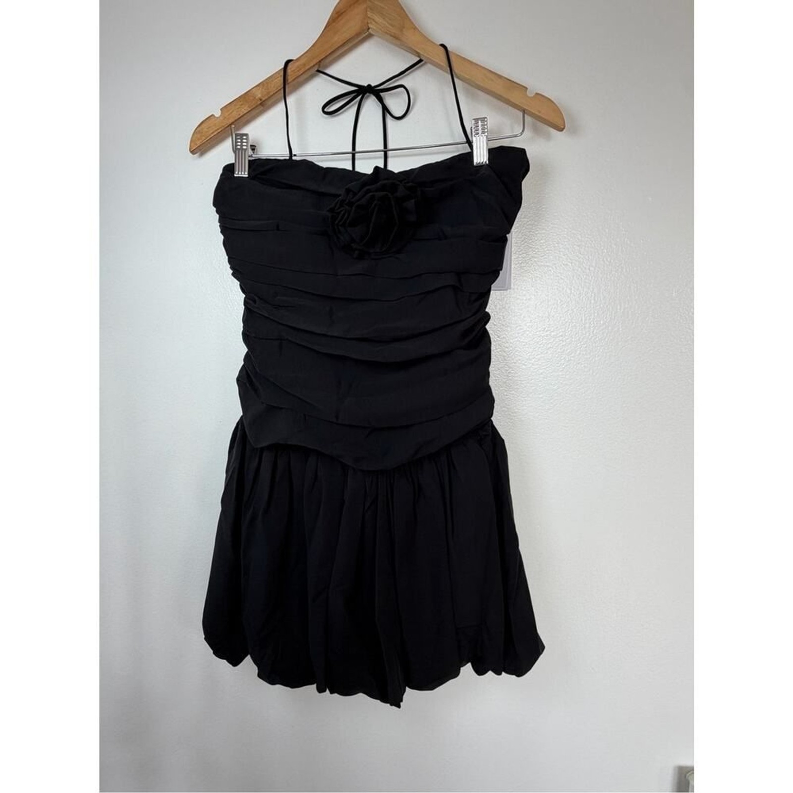 Lucy Paris Black Strapless Rosette Bubble Hem Mini Dress | Ruched Party Dress M