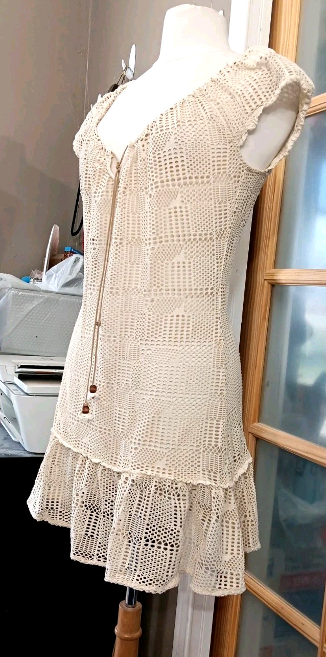 Vintage Boho Crochet Mini Dress Cover Up Ruffle Cream Beads Faux Suede Tie OSFM