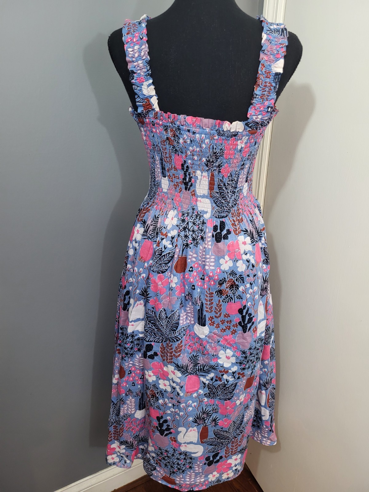 Kate Spade Garden Posy Smocked Midi Dress Blue Pink Cat Feline Women’s Size S