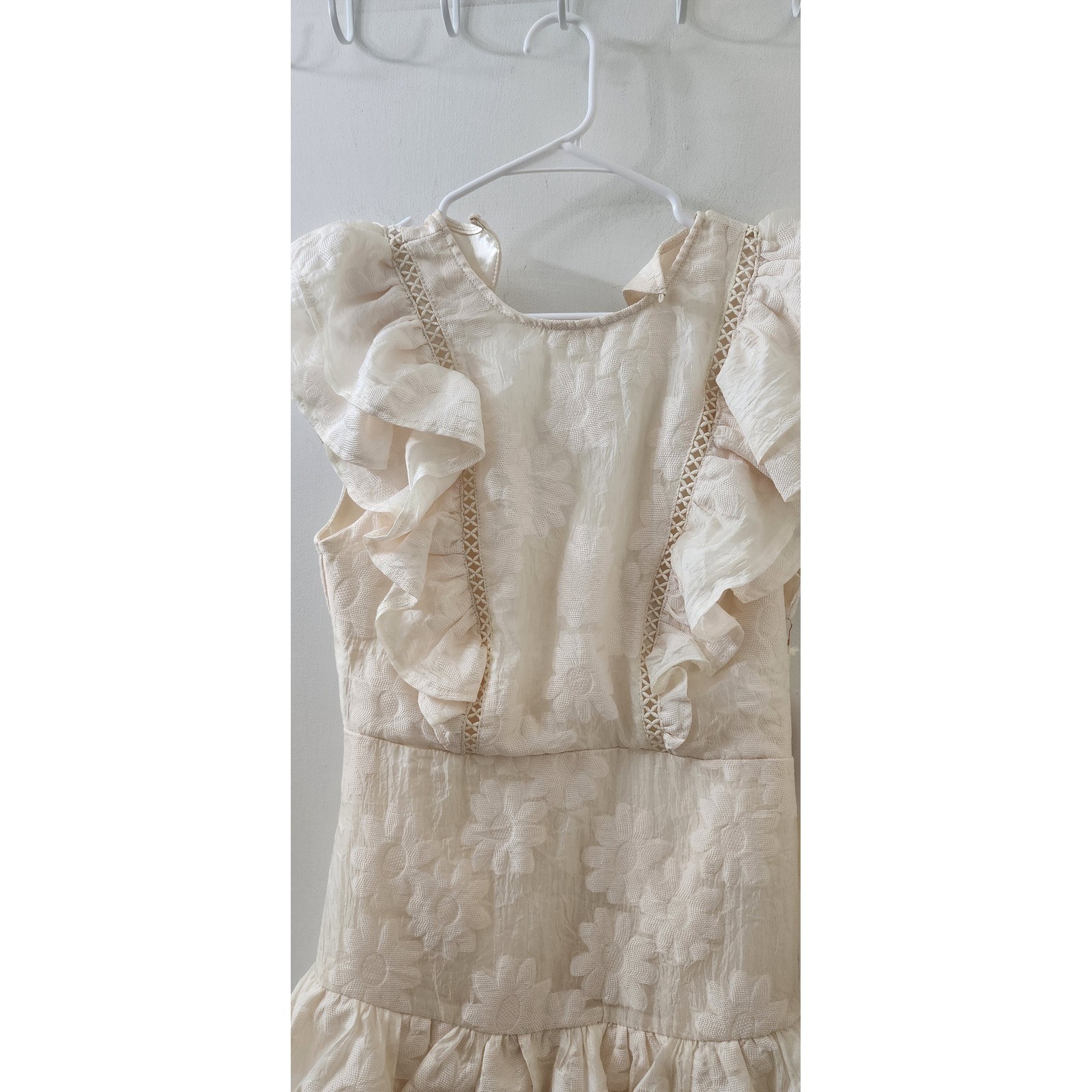 Arose Studio Cream Floral Jacquard Ruffle Mini Dress Medium NWT Ladder Lace Trim