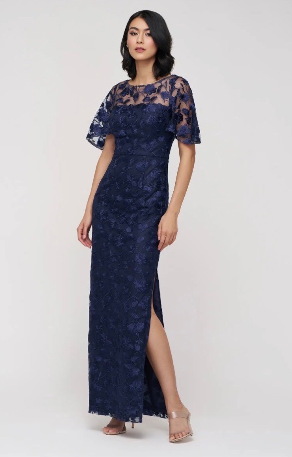 NEW! JS Collections Brooke Floral Embroidered Column Gown Navy [SIZE 0] #J1988
