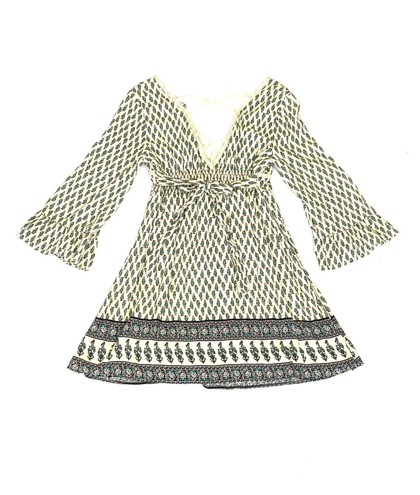 American Rag Sz L Boho Dress Paisley bell sleeves Ivory, Green, And Red Colors