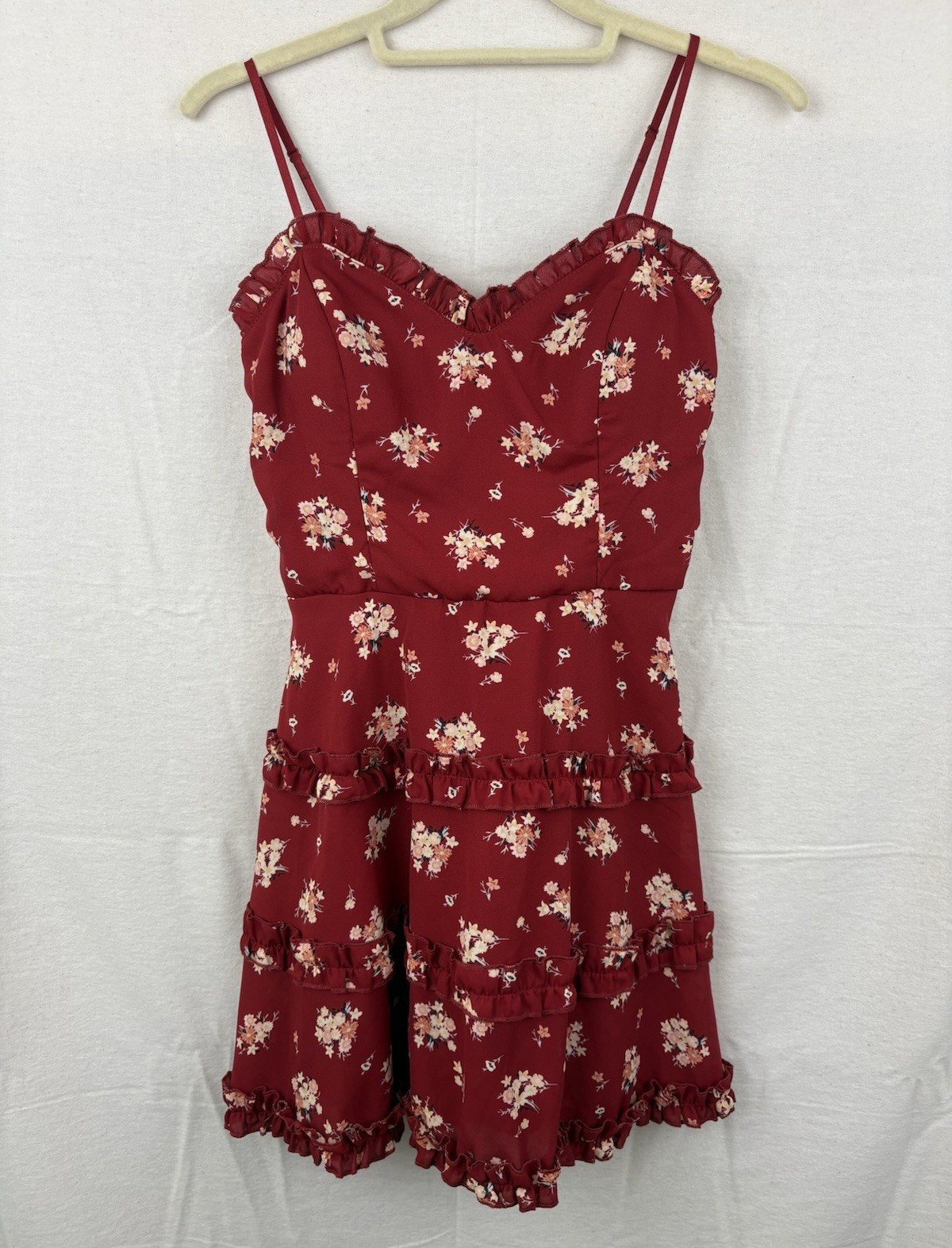 Blue Rain Francesca’s XS Red Floral Ruffle Flirty mini dress Strappy Zip Back