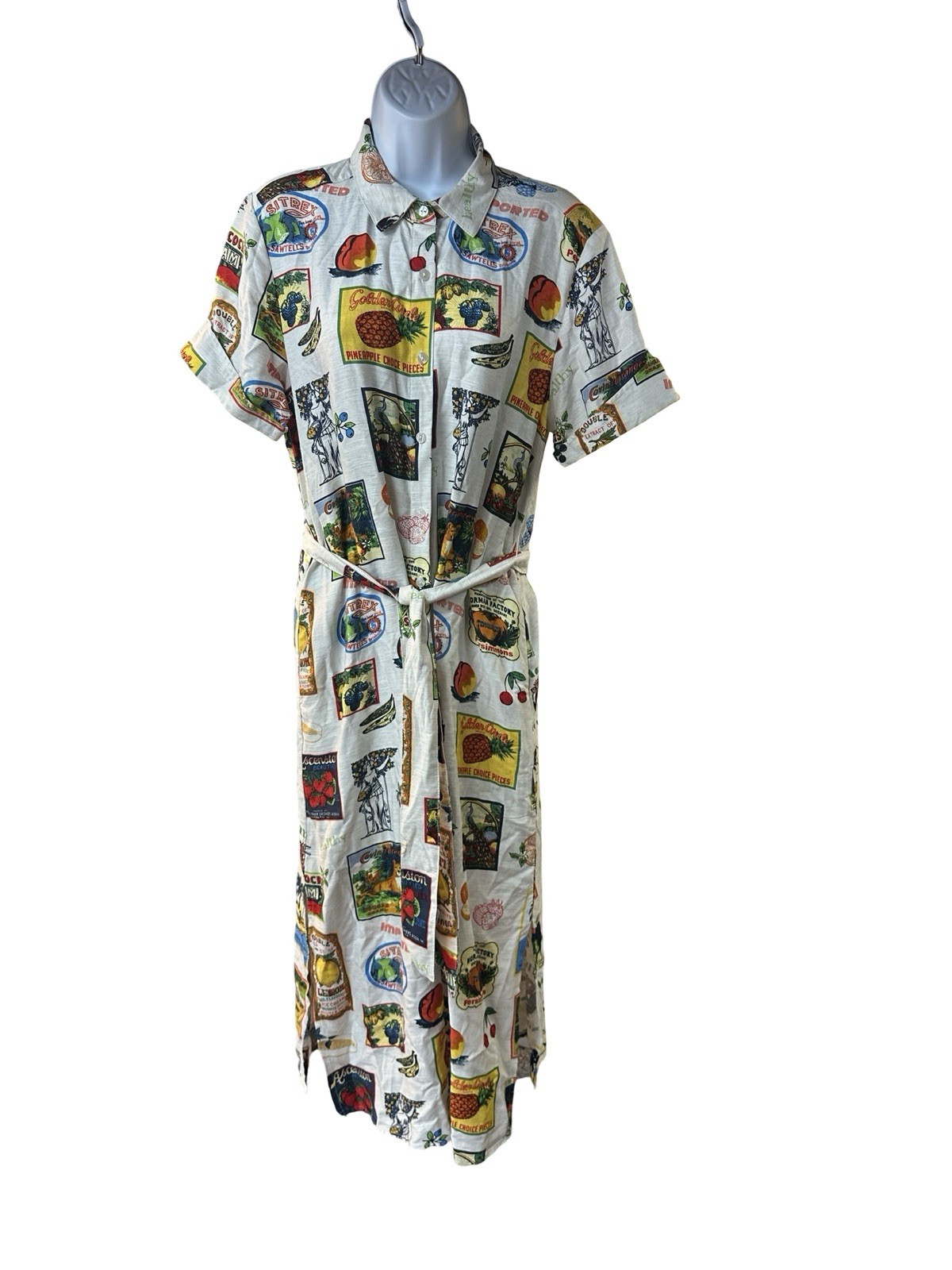 Jane & Delancey Women’s Tropical Fruit Shirt Dress Belt Linen Blend Boho Small