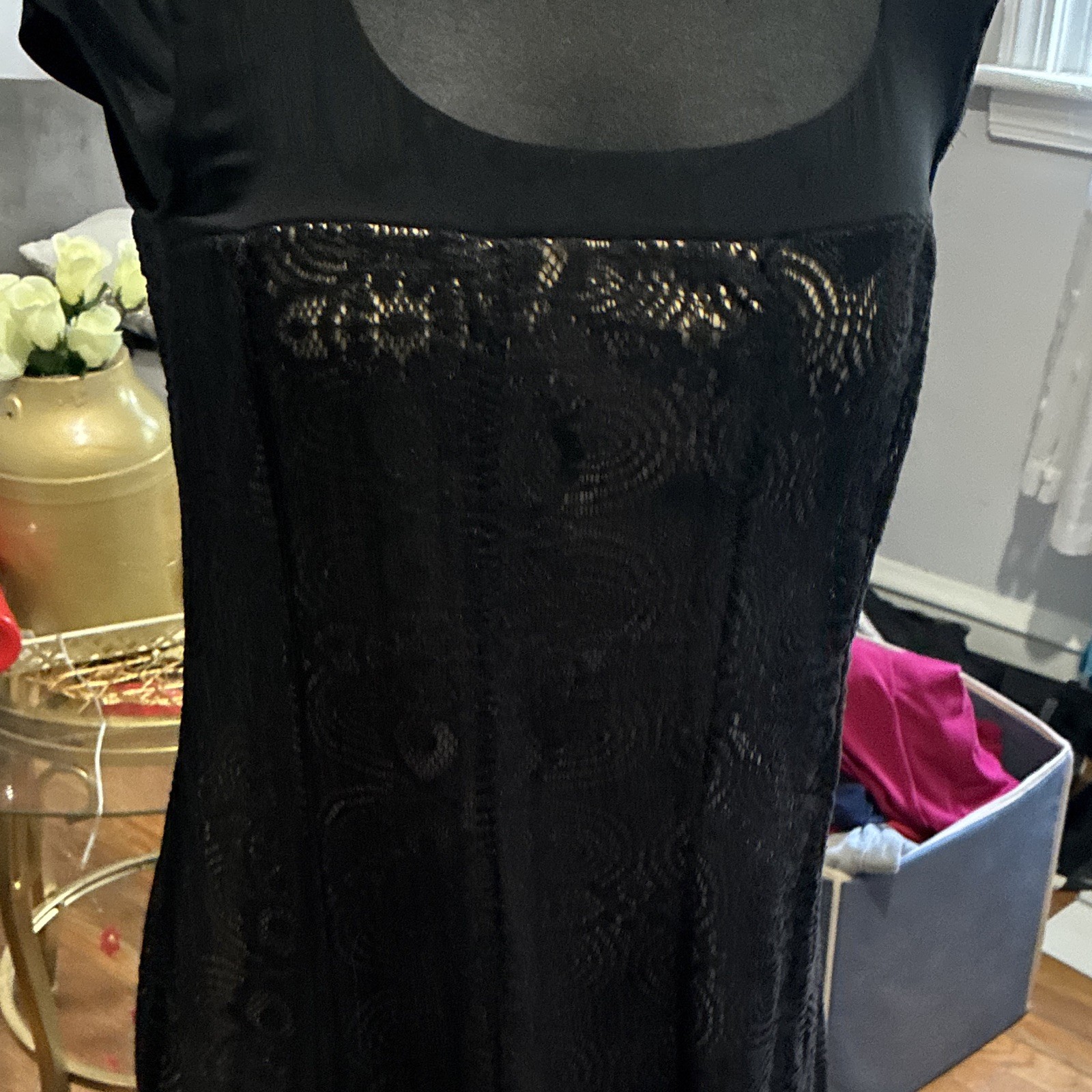 Karin Stevens Black Long A-Line Dress 10W Short Sleeve Scoop Neck Lace Floral