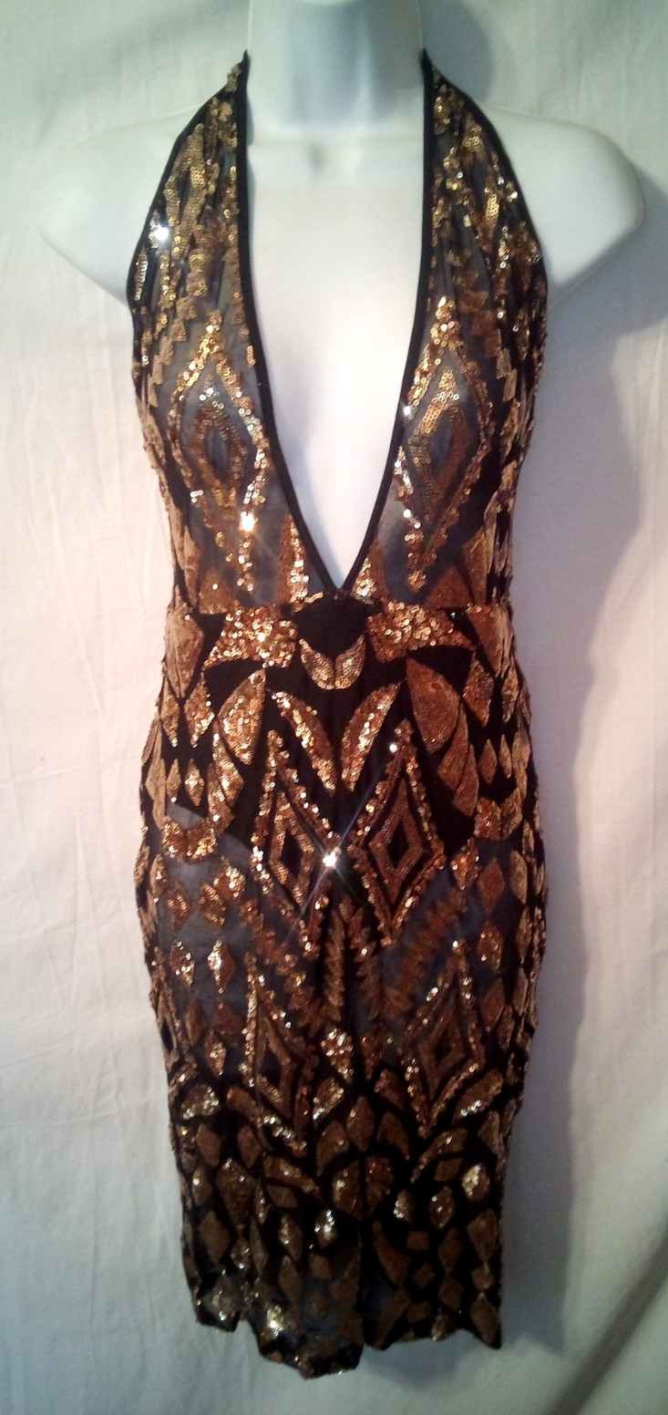 Fashion Nova~M~Sheer Black Gold Sequins Plunging Halter Dress Attached Panties~Q