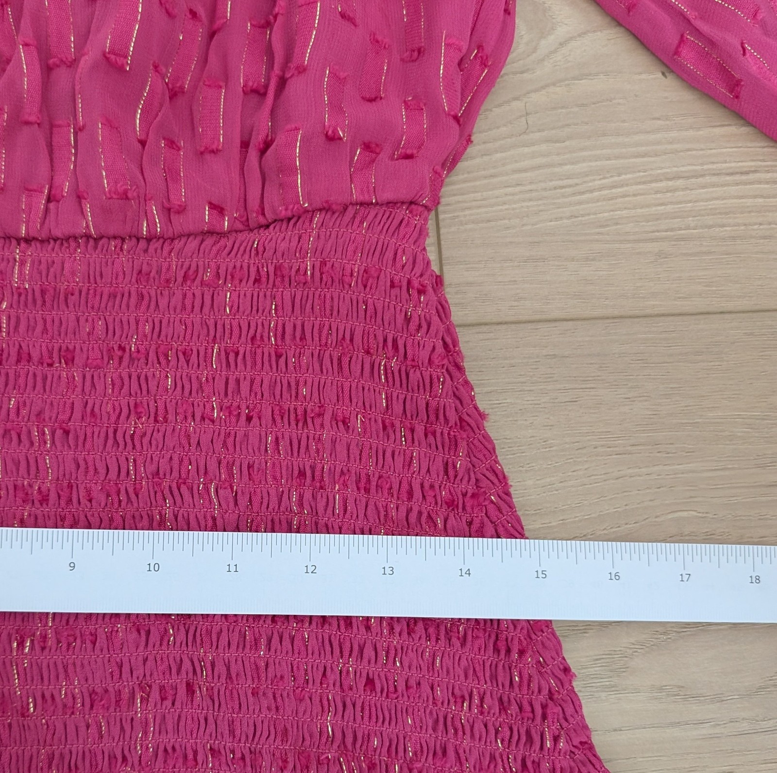 Anthropologie Smocked Long Sleeved Ruched Maxi Dress in Fuchsia Pink Size XS