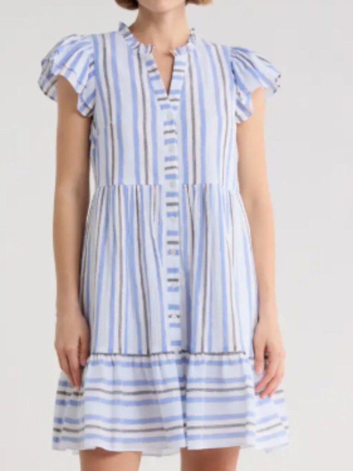 Eliza J Blue Striped Cap Sleeve Button Front Flounce Hem Dress Size 4