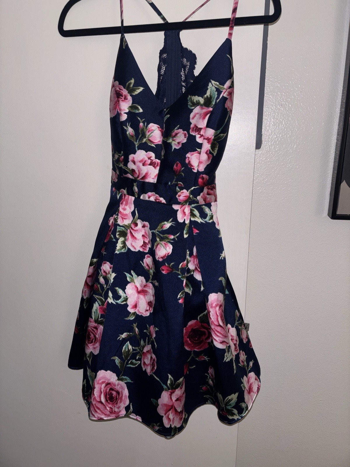 B. Smart Navy Blue Green Floral Fit & Flare V-Neck Lace Back Dress