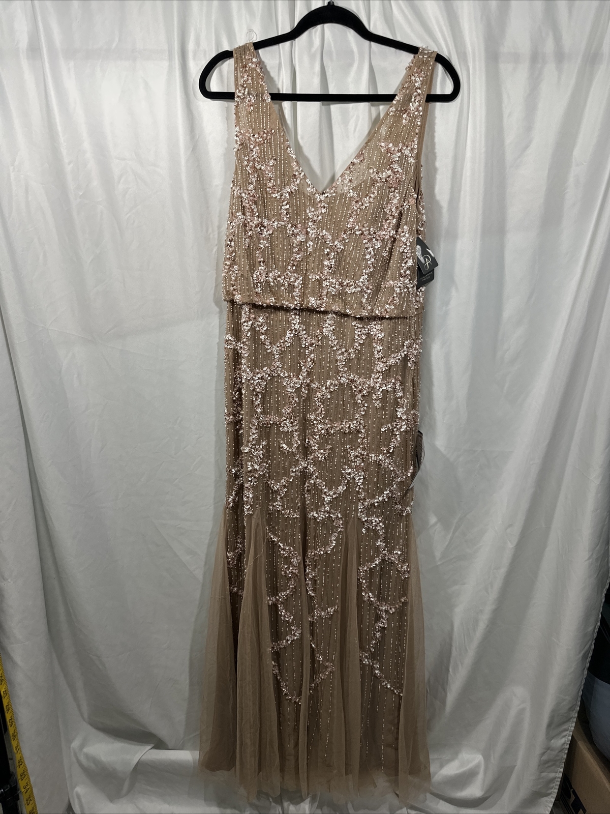 NWT $329 Adrianna Papell [ 14 ] Embellished Cowl-Back Gown in Champagne #G1167