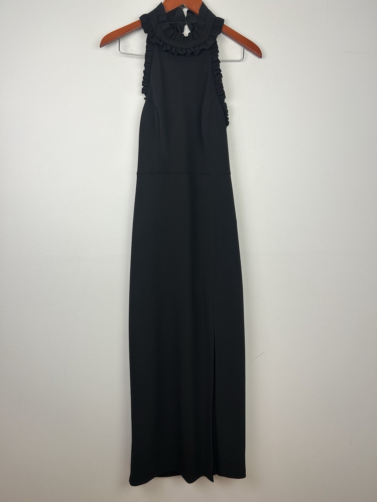 Xscape Ruffle Trim Mock Neck Evening Gown Black Dress Slit Front Sz 8Petite NWT