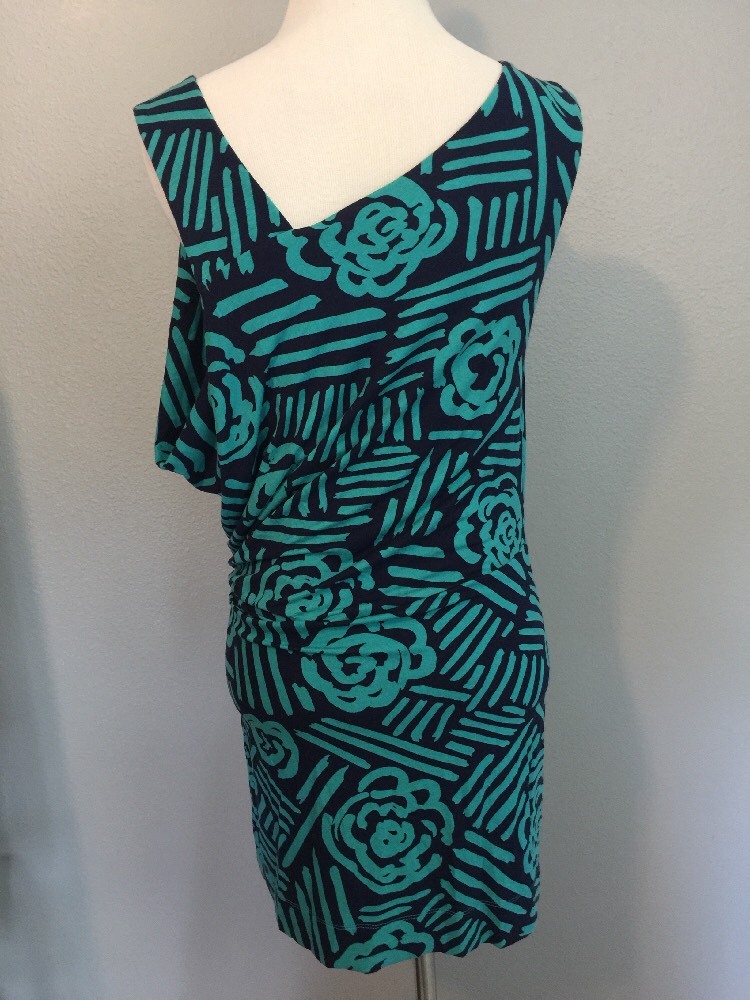 New BCBGeneration Navy Turquoise Stretch Open Side Geometric Tank Mini Dress XS