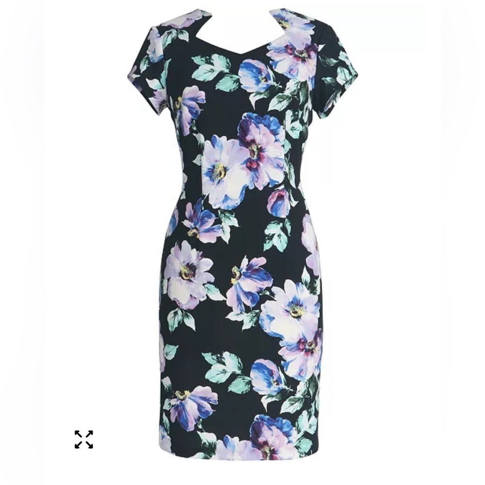 Connected Apparel Black Floral Print Sheath Dress 10 NWT Wedding Guest Romantic