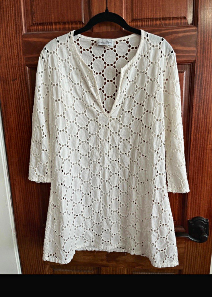 Jordan Taylor White Lace Crochet V-Neck Shift Dress 3/4 Sleeve Short L
