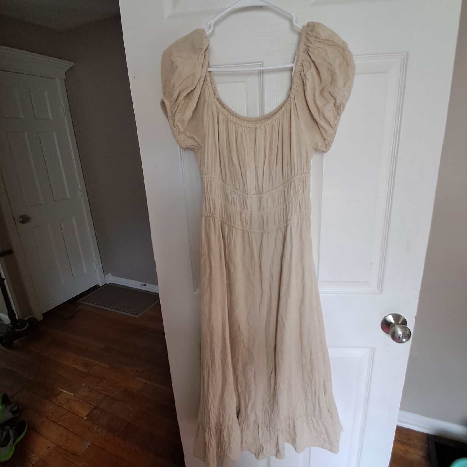 Sim & Sam Milkmaid Babydoll Linen Smocked Puff Sleeve Coquette Midi Dress Medium