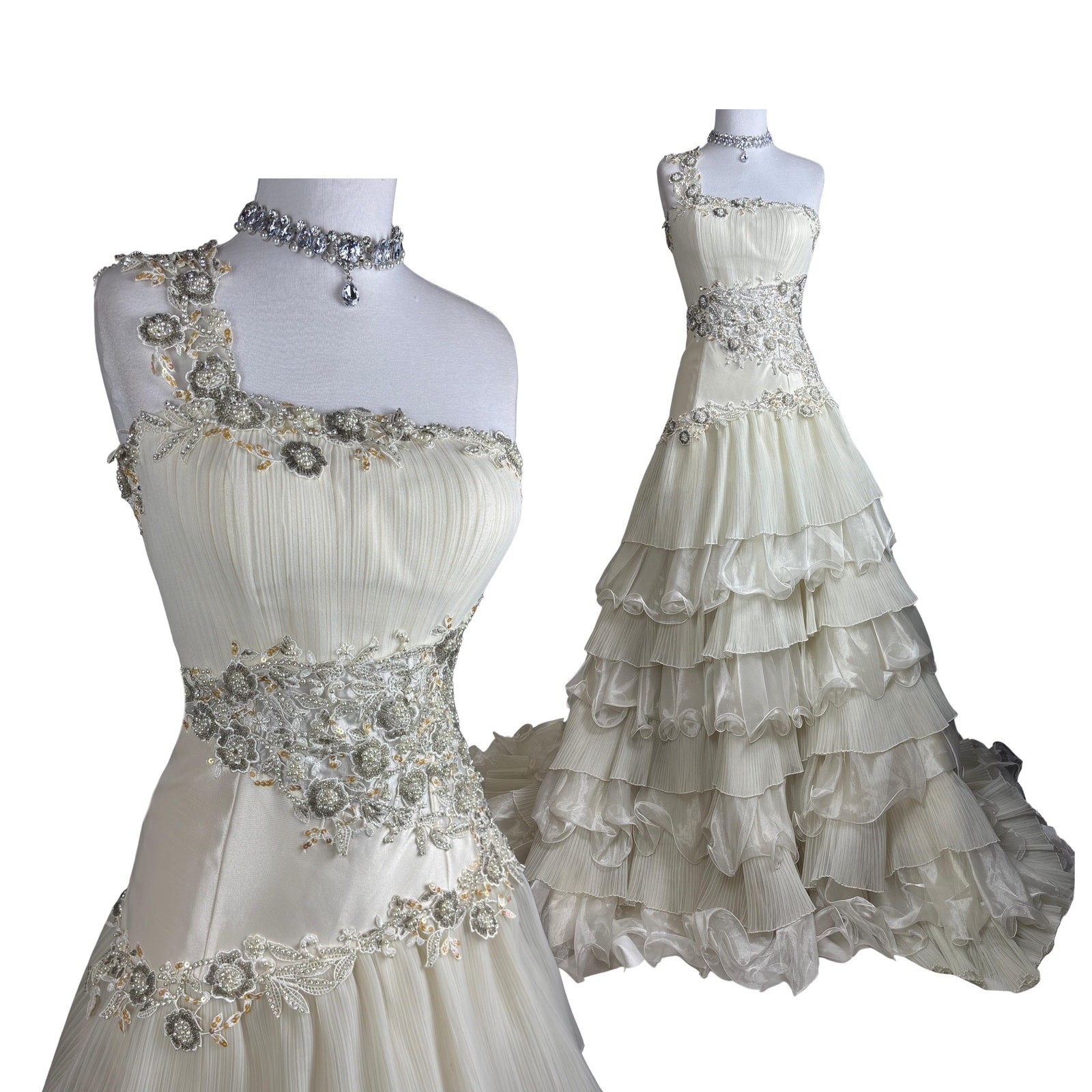 Vintage Couture Wedding Dress: One Shoulder Beaded Ruffle Gown (Y2K Bridal)
