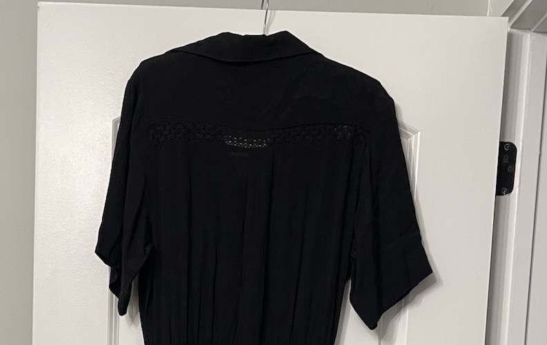 AURA Black Midi Dress Short Sleeve Collared Lace Accents Belted Career Casual M