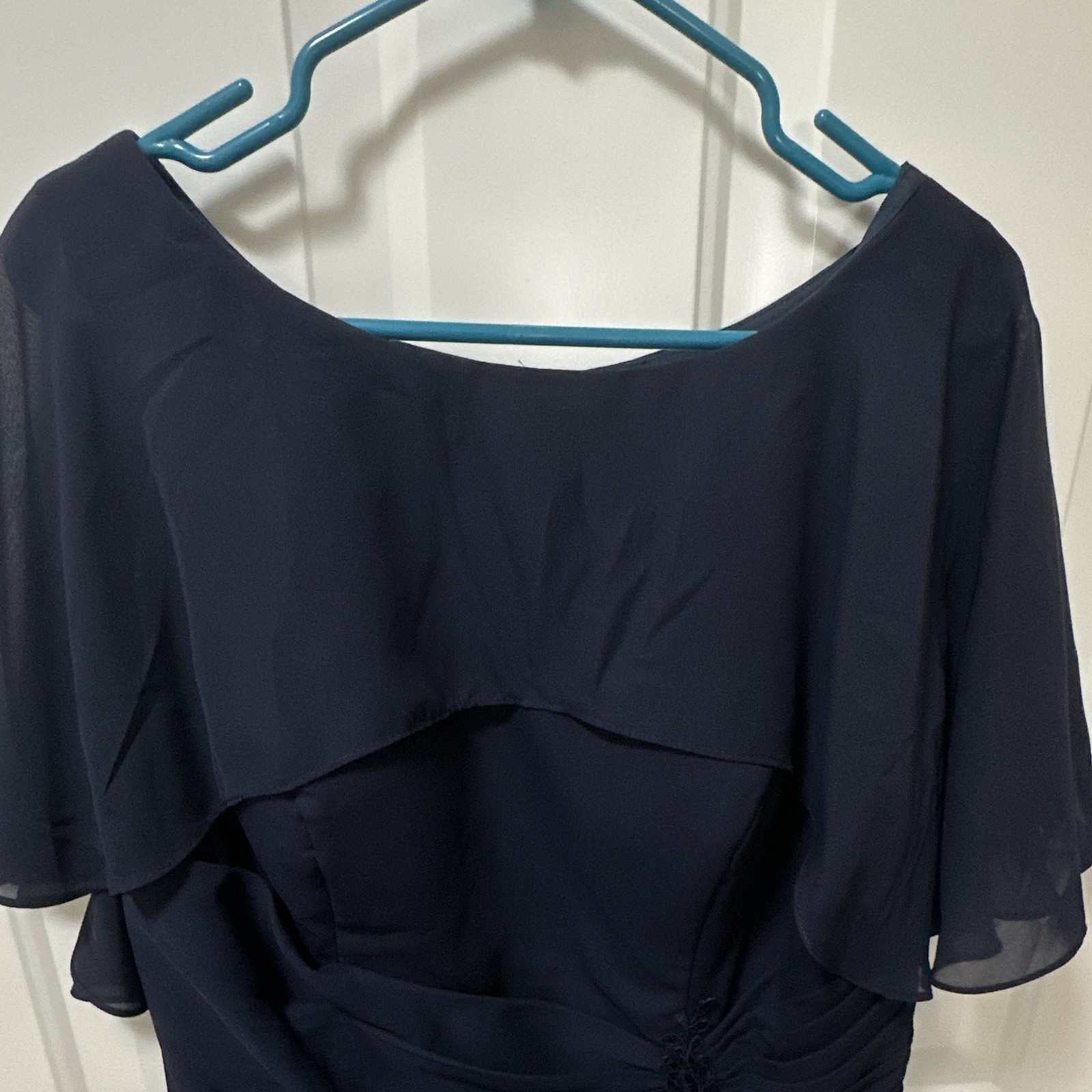 Blue Plus Size 16W Midi Chiffon Boat Neck Sheath Flutter Sleeve Ruched Dress