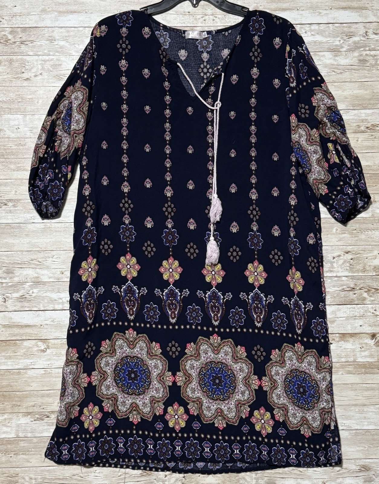 Halife Womens Boho Mandala Print Tunic Shift Dress Tassel Tie Neck Sz XL Hippie