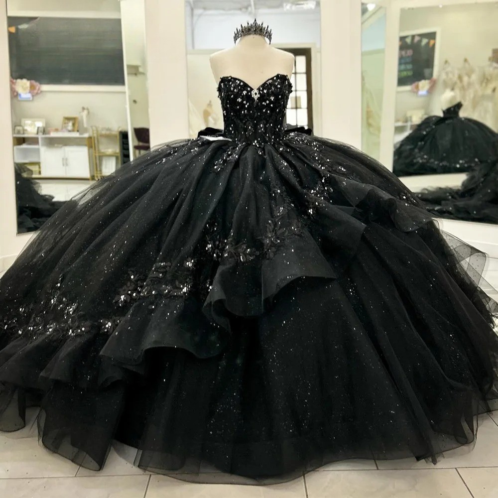 Black Quinceanera Dress Ball Gown Sleeveless with Embroiderd Pleats Bow Sweet