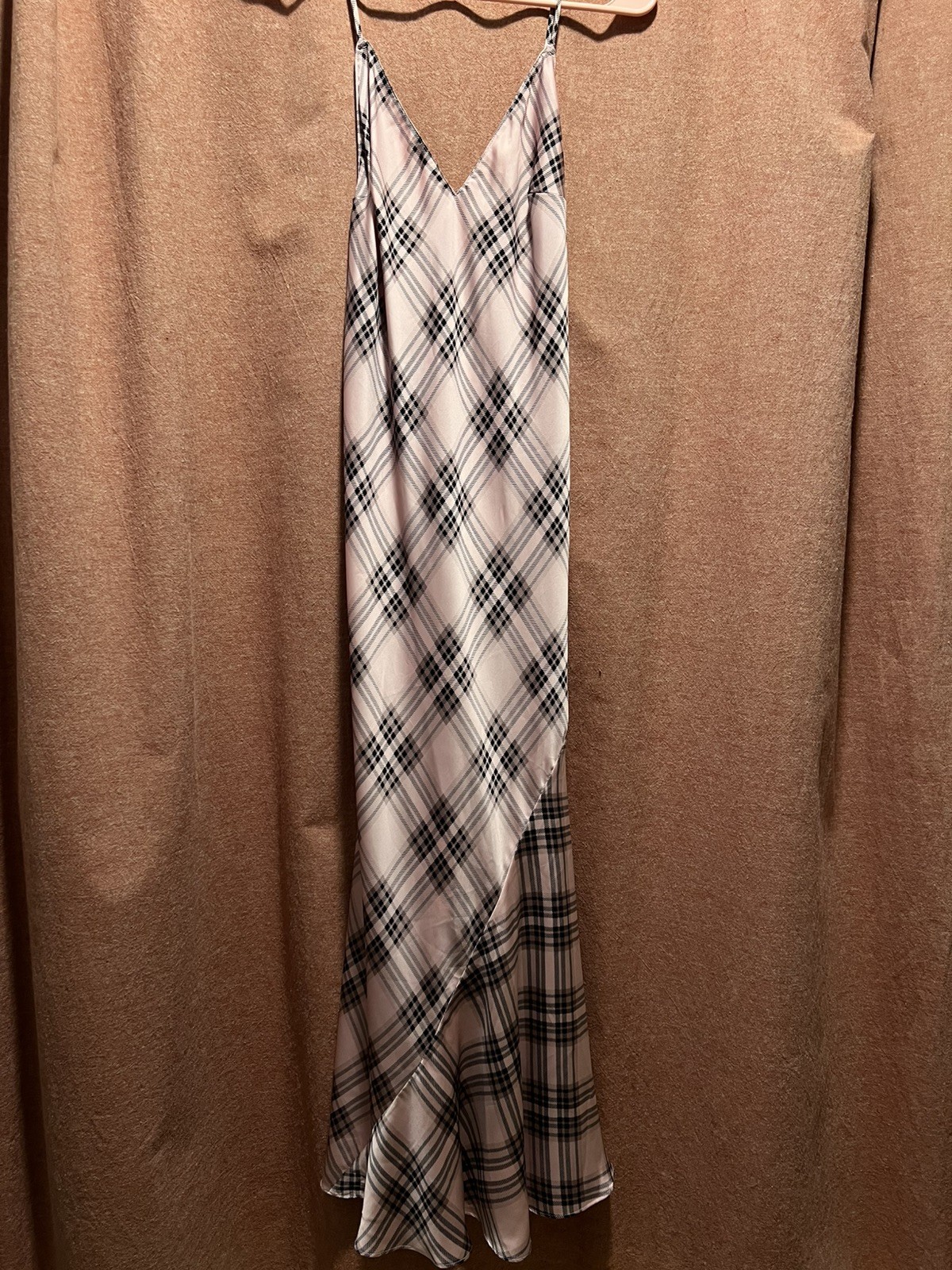 Victorias Secret Chiffon Pink Plaid Satin Slip Dress Large Maxi Sexy Lingerie