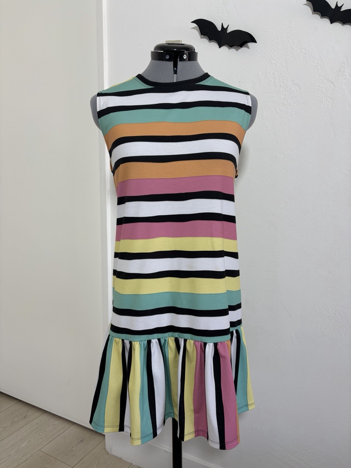 Blackmilk Multicolor Striped Knit Shift Dress Ruffle Hem Crew Neck Stretch S